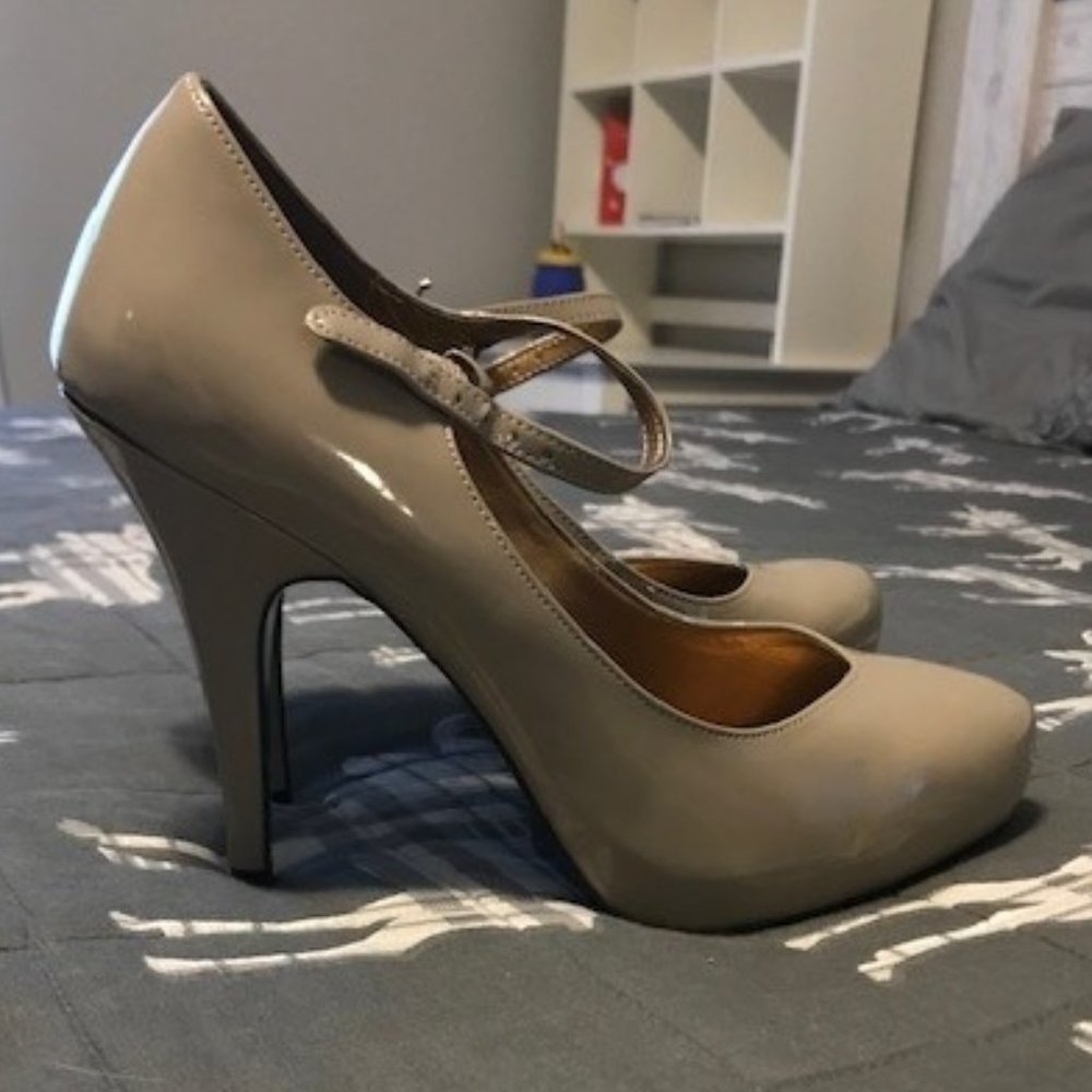 Nude Patent Leather Mary Jane Platform Pumps